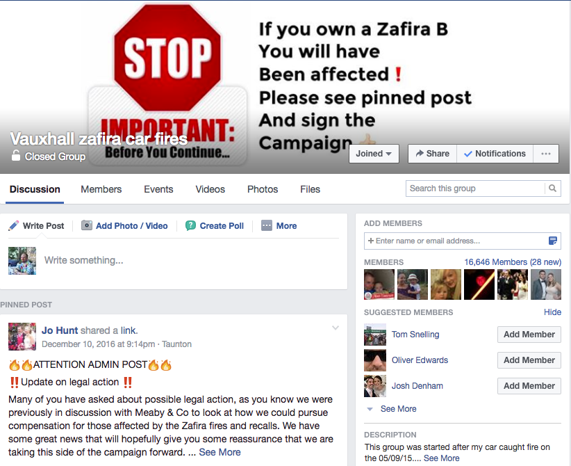 Vauxhall Zafira car fire owners group on Facebook