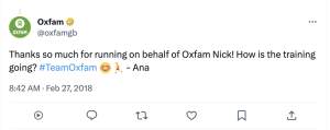 Tweet from Oxfam asking Nick how running training is going