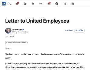 Screenshot of letter to united employees 