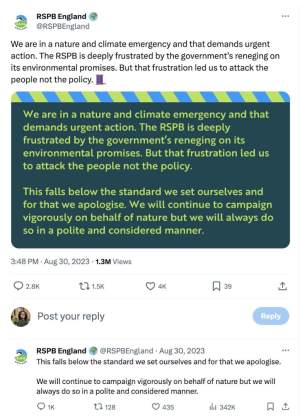 Screenshot of RSPB tweet re UK government policy 