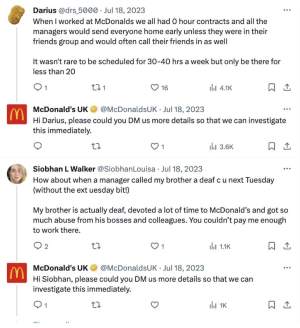 Screenshot of McDonalds customer service tweets 