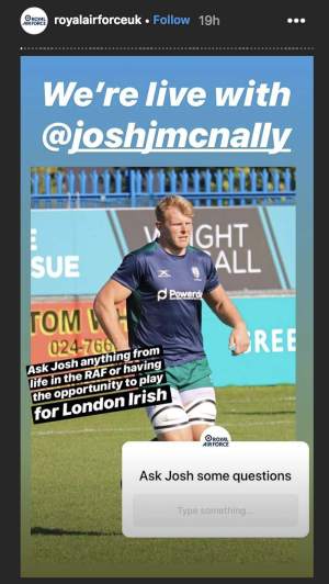 A man in a playing football in a blue football shirt with the write "Ask Josh anything from life in the RAF or having the opportunity to play for London Irish". 