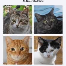 Four pictures of different coloured cats all generated by AI