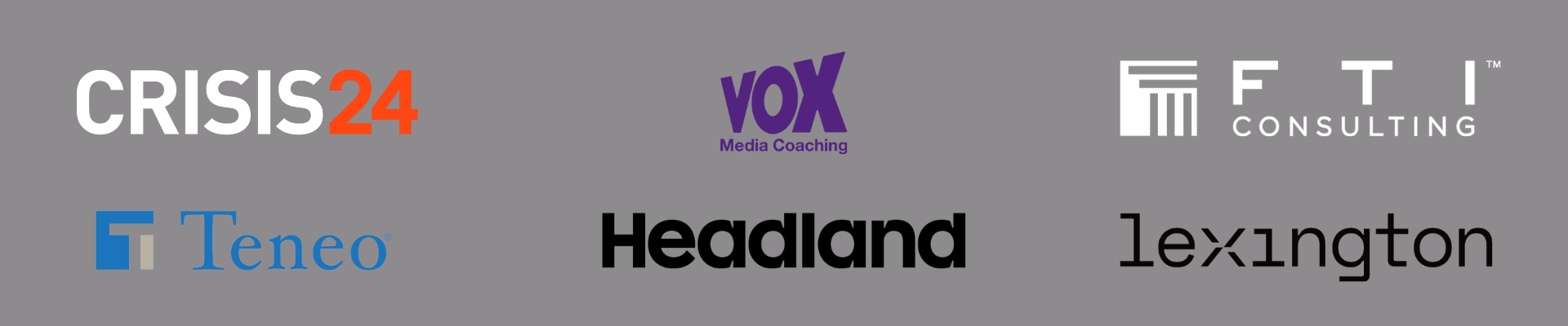 A group of logos including those from Lexington, Crisis24, FTI, Teneo, Headland and Vox